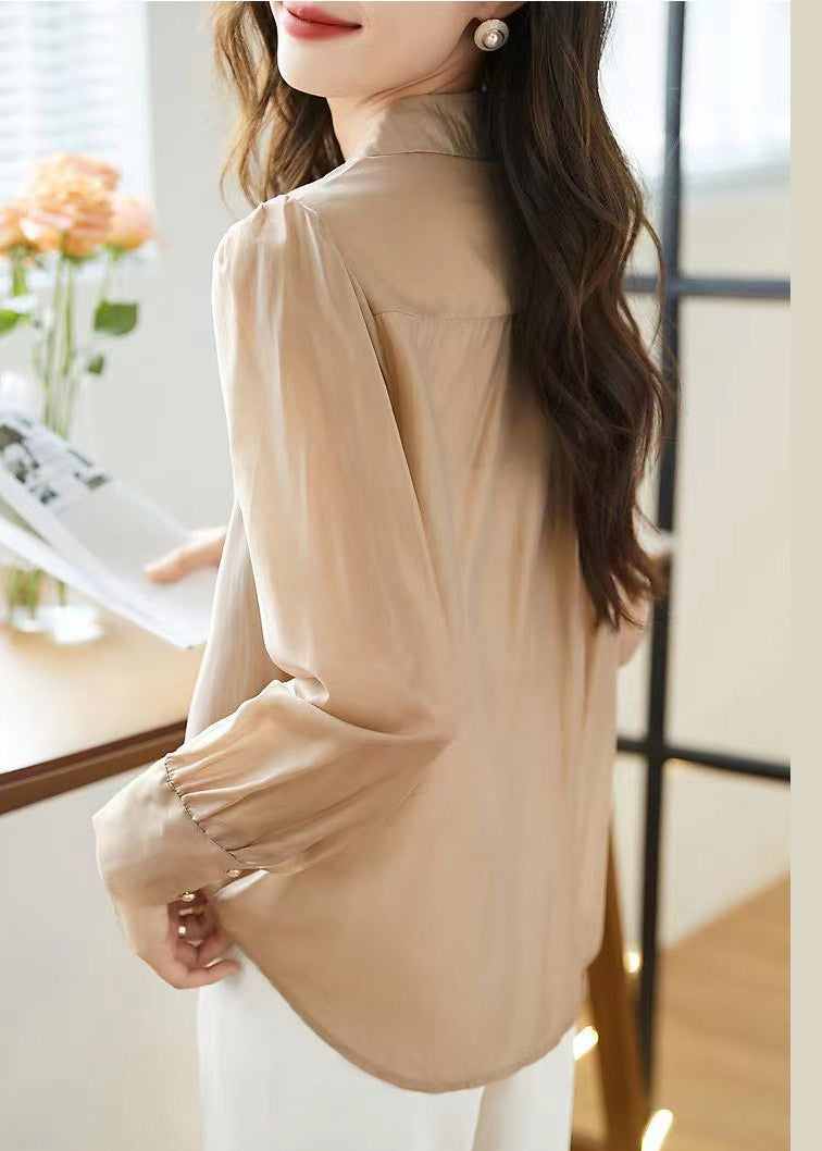 Khaki Peter Pan Collar Chinese Button Cotton Tops Fall