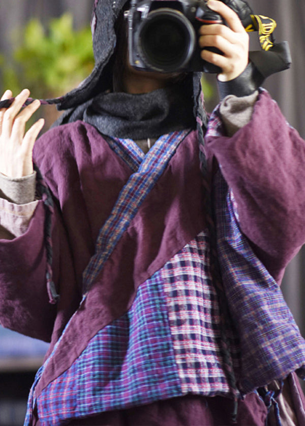 Purple V Neck Lace Up Patchwork Fine Cotton Filled Coats Winter