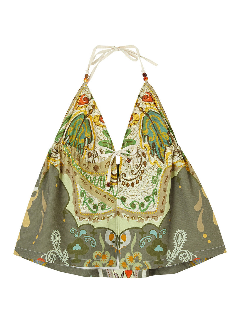 Green Oversized Print Cotton Halter Tops Summer