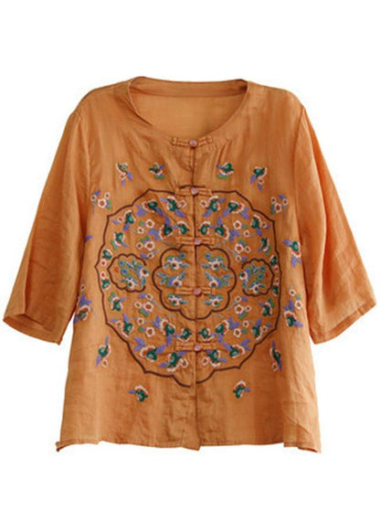 Orange Embroideried Oriental Ramie Top Summer
