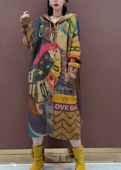 Print Button Maxi Knitted Cotton Thread Hooded Sweater Coat Fall