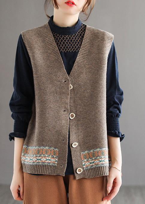 Chunky Khaki Knit Cardigans Spring V Neck Sleeveless Knitted Coat