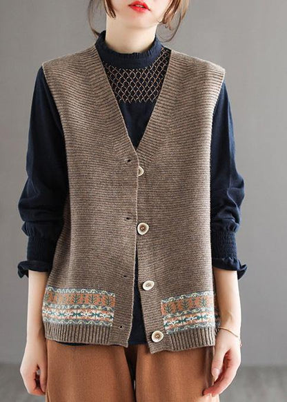 Chunky Khaki Knit Cardigans Spring V Neck Sleeveless Knitted Coat