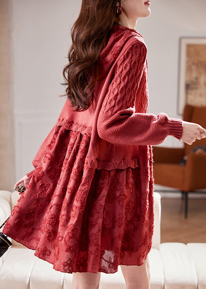 Unique Red Hooded Embroidered Patchwork Knit Dresses Spring
