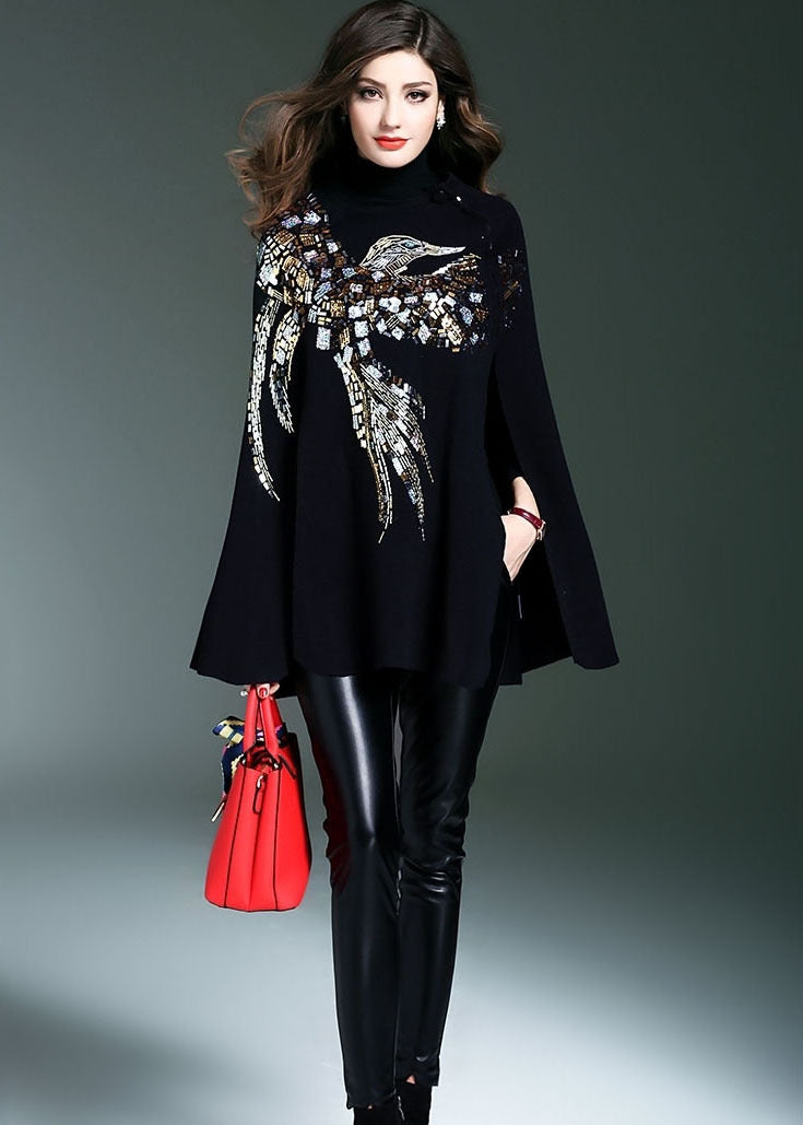 Black Turtle Neck Sequins Knit Sweater Cloak Sleeves