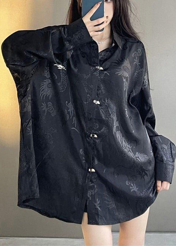 Black Oversized Jacquard Silk Shirt Tops Fall