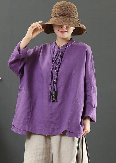 Stand Collar Pockets Spring Blouse Work Outfits Purple Blouse