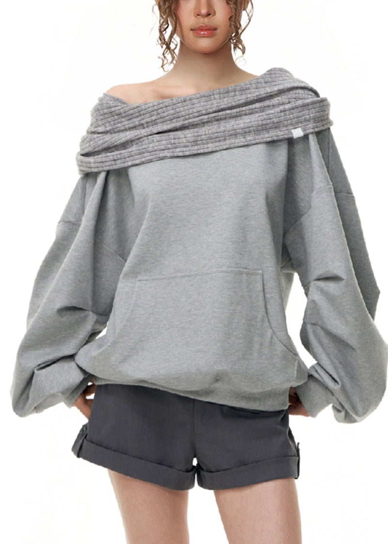 Grey Cold Shoulder Patchwork Cotton Sweatshirt Fall
