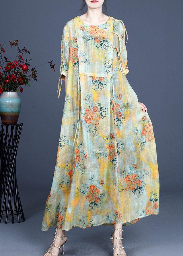 Orange Slim Fit Print Asymmetrical Summer Ramie Maxi Dress Half Sleeve