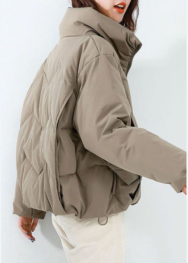 Khaki Cotton Blend Puffer Jacket Stand Collar Zip Up Drawstring Long Sleeve