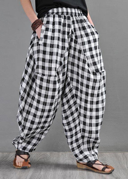Black White Plaid Cotton Linen Harem Pants Summer