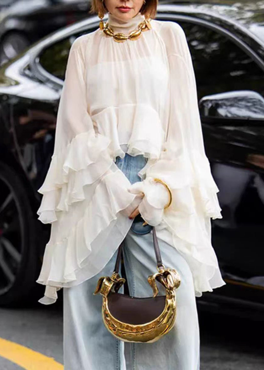 Beige Hign Neck Ruffled Patchwork Tulle Top Flare Sleeve