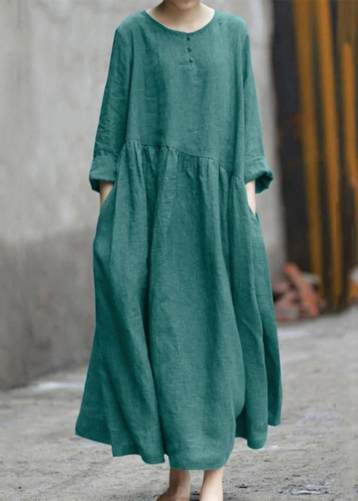 Green Wrinkled Patchwork Long Dresses Fall