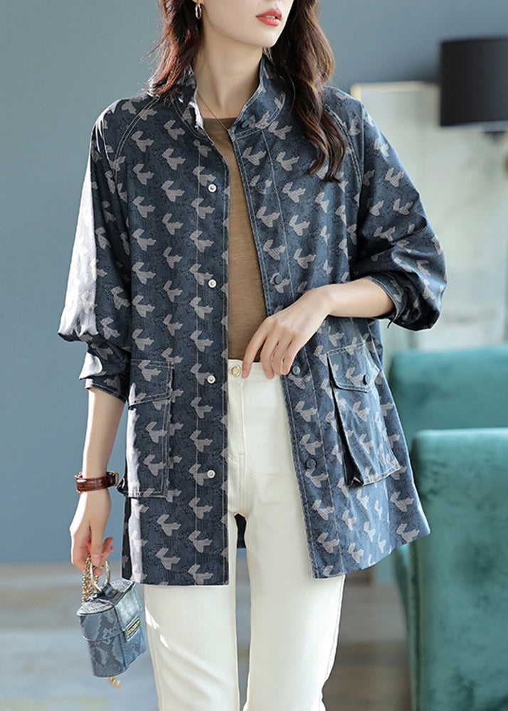 Blue Stand Collar Print Pockets Coats Long Sleeve