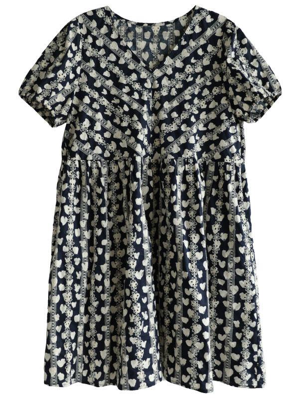 Navy V Neck Loose Print Summer Cotton Dress Short Sleeve