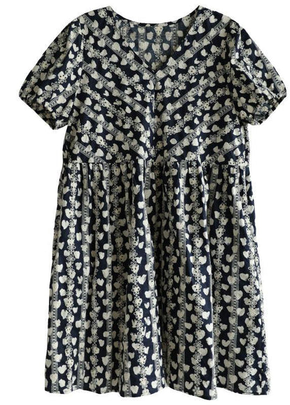 Navy V Neck Loose Print Summer Cotton Dress Short Sleeve
