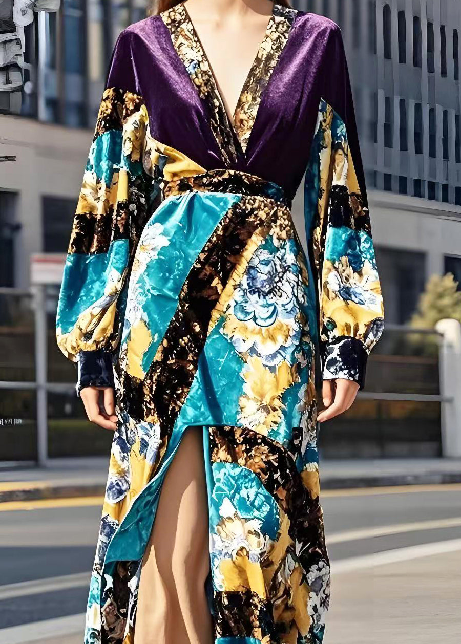 Purple Patchwork Silk Velour Vacation Dresses V Neck Side Open Spring