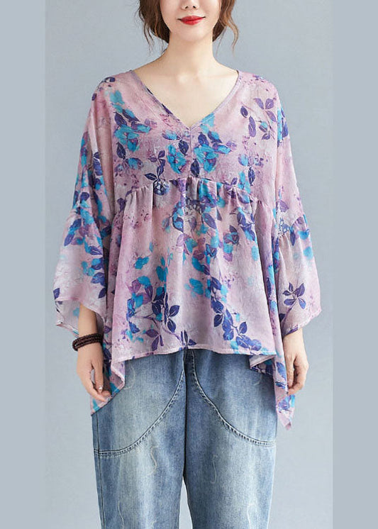Diy Purple Print Loose Patchwork Asymmetrical Design Fall Blouses Half Sleeve