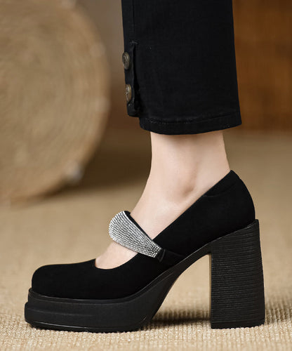 European and American Style Suede Chunky High Heels Splicing Zircon Buckle Strap
