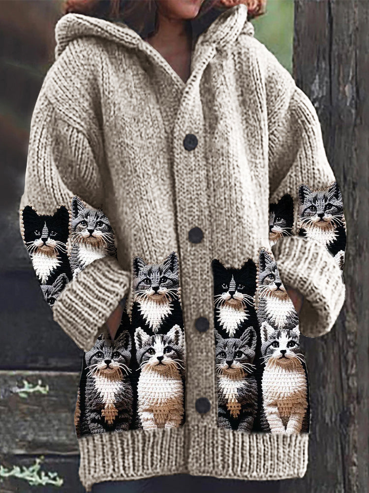 Crowded Cats Crochet Art Cozy Knit Hooded Cardigan elevenforest