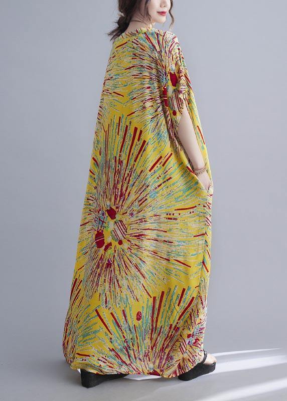 Yellow Print Cotton V Neck Oversize Summer Dress