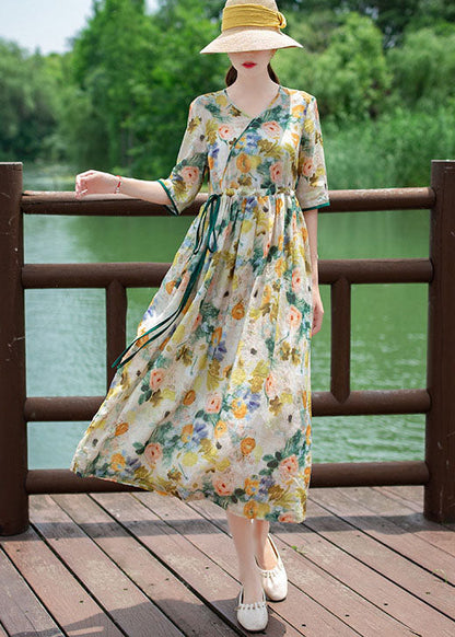 V Neck Drawstring Patchwork Linen Dress Summer