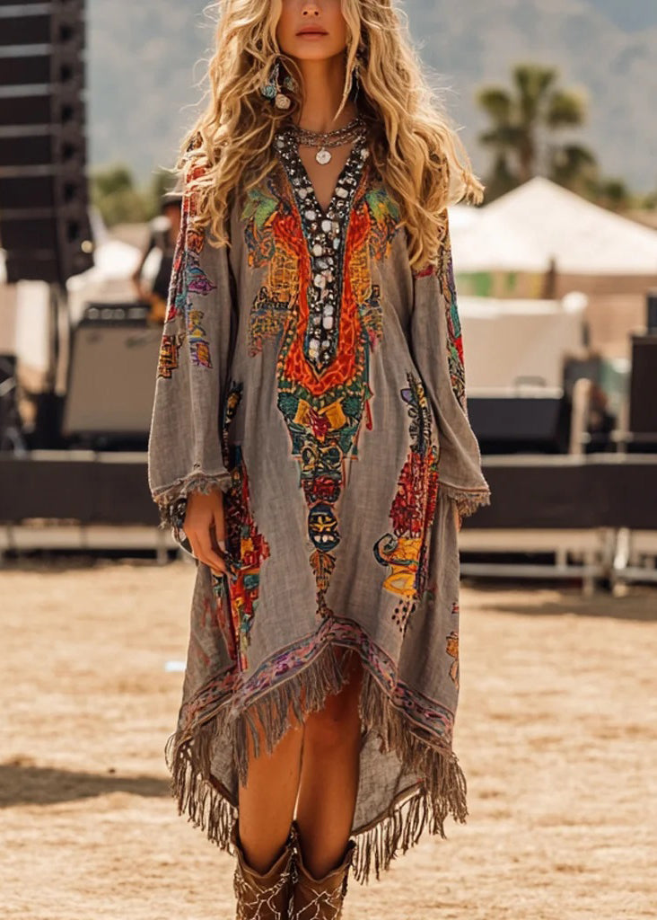 Grey V Neck Tassel Print Dress Spring