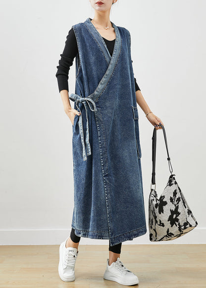 Blue Oversized Lace Up Denim Long Vests Fall