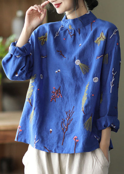 Stylish White Polka Dots Embroidered Retro Linen Blouse Tops Spring