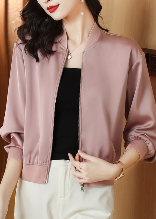 Natural Pink Stand Collar Zippered Coats Long Sleeve