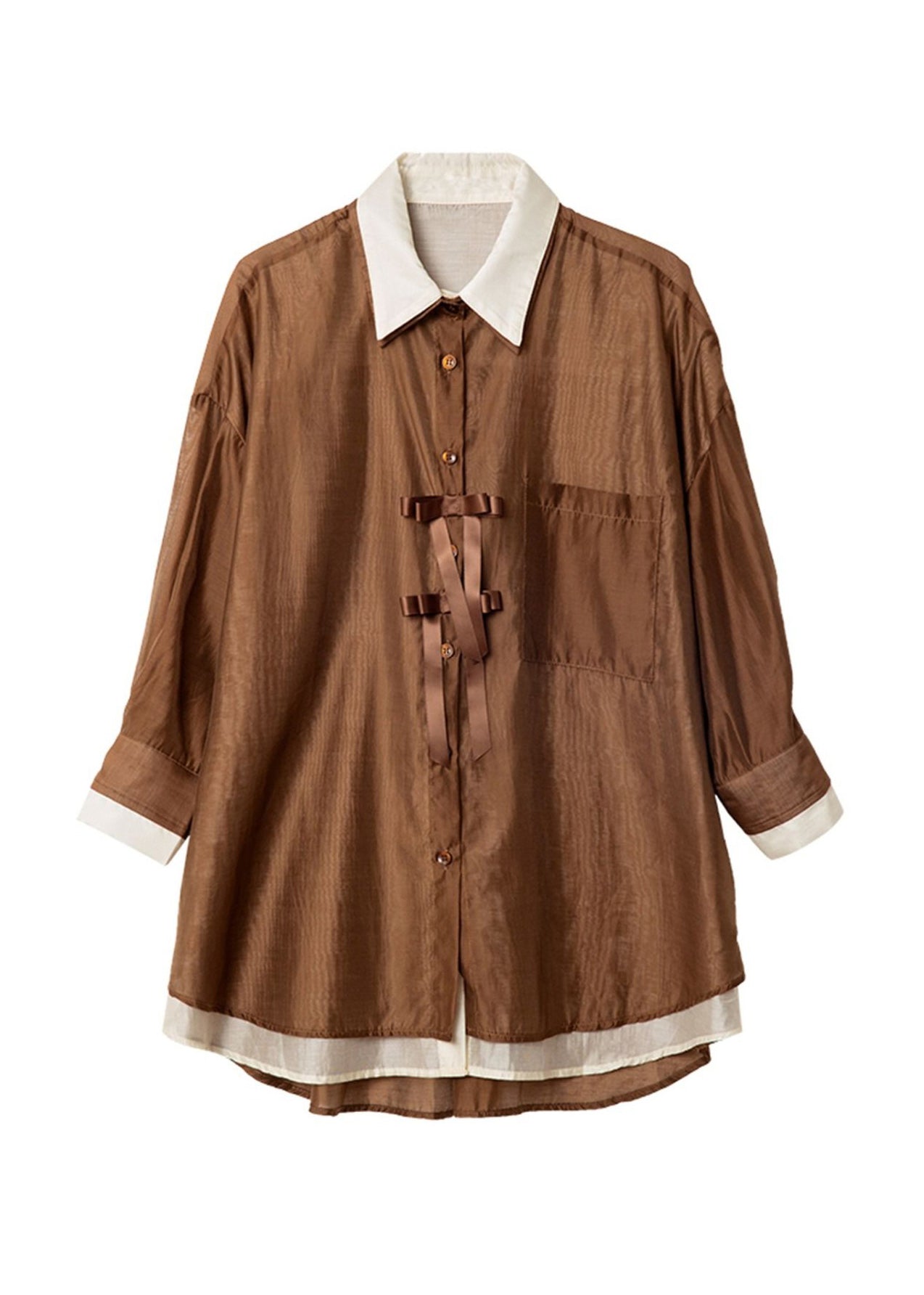 Style Coffee False Two Pieces Patchwork Chiffon Top Fall