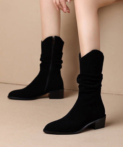 Khaki Suede Splicing Chunky Boots