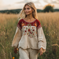 Retro Bohemian Floral Embroidery Art  Linen Blend Loose Blouse artswardrobe