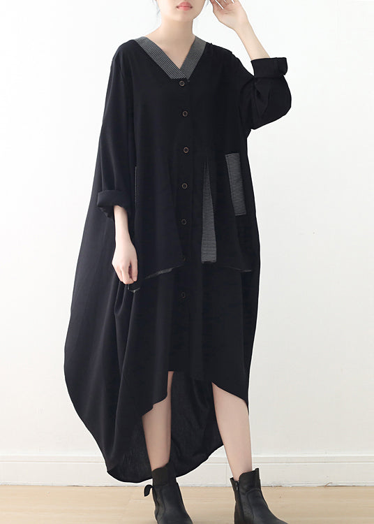 Black V Neck Asymmetrical Low High Design Button Maxi Dress Fall