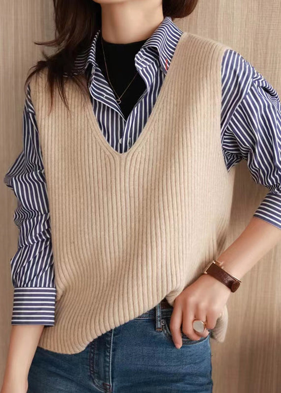 Versatile Caramel V Neck Woolen Vest Tops Sleeveless