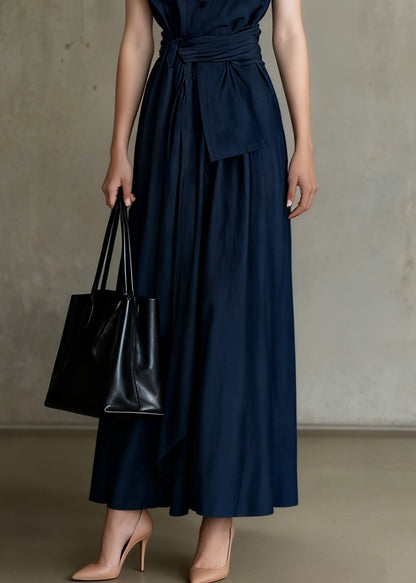 Slim Fit Navy Tie Waist Tops and Skirts Denim Two Piece Set Sleeveless