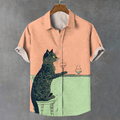Retro Chilling Black Cat Champagne Print Linen Blend Shirt elevenforest