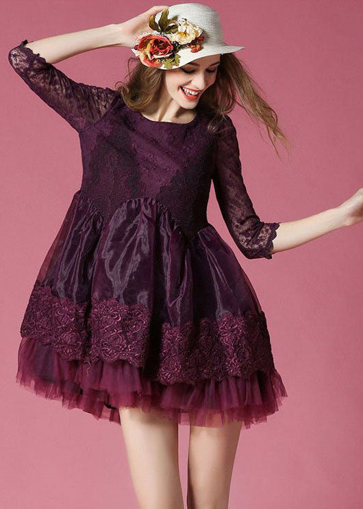 Dark Purple Embroideried Lace Patchwork Organza Mini Dresses Summer
