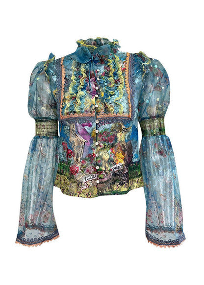 Blue Stand Collar Ruffled Chiffon Shirt Flare Sleeve