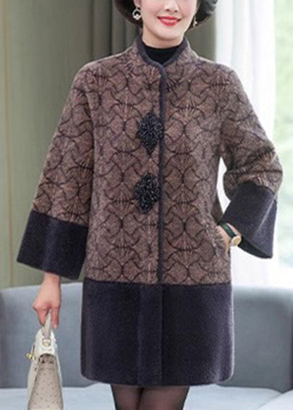 Grey Stand Collar Print Patchwork Mink Velvet Coats Spring