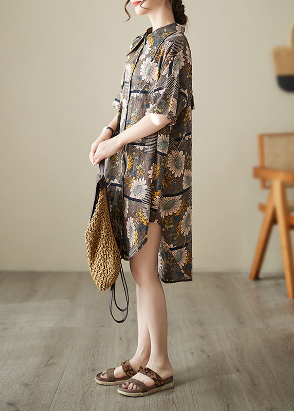 French Chocolate Peter Pan Collar Print Cotton Shirt Dresses Summer