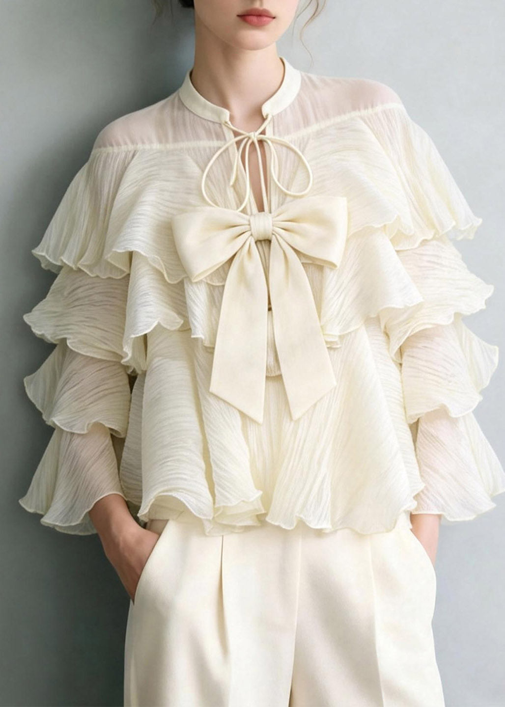 White Tie Lace Bow Ruffled Patchwork Top Spring