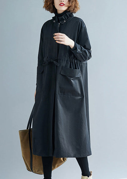Black Ruffled Pockets Patchwork Cotton Trench Coats Fall