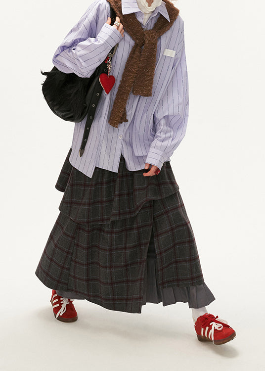 Grey Plaid False Two Pieces Patchwork Cotton Skirts Fall