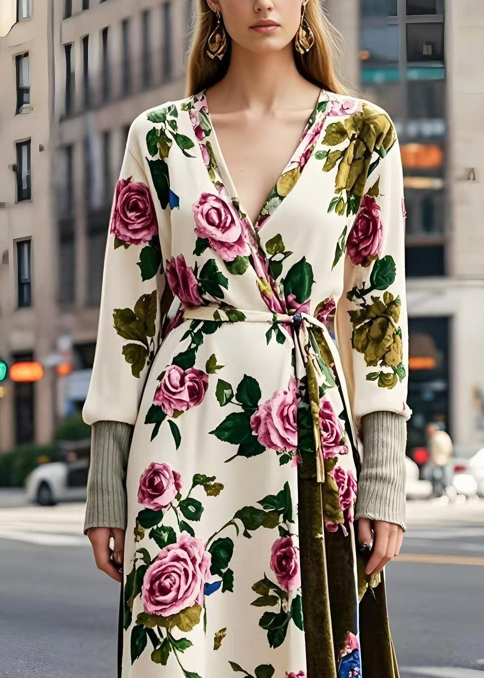 Apricot Tie Waist Silk Velour Long Dresses Spring