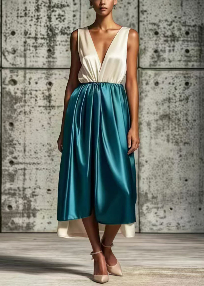 Style White Deep-v Neck Patchwork Silk Maxi Dresses Summer