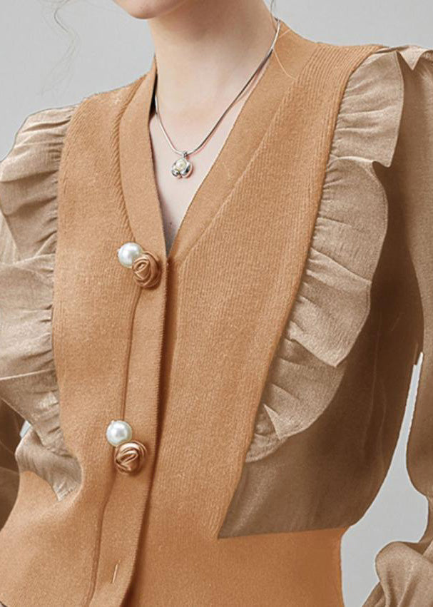 Khaki V Neck Ruffled Patchwork Silk Blouses Spring
