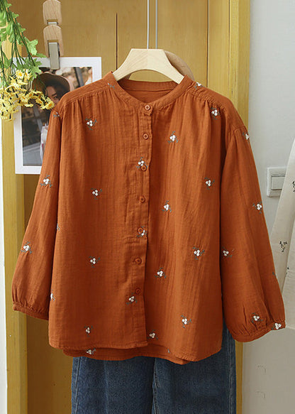 Orange Embroideried Button Cotton Blouse Long Sleeve