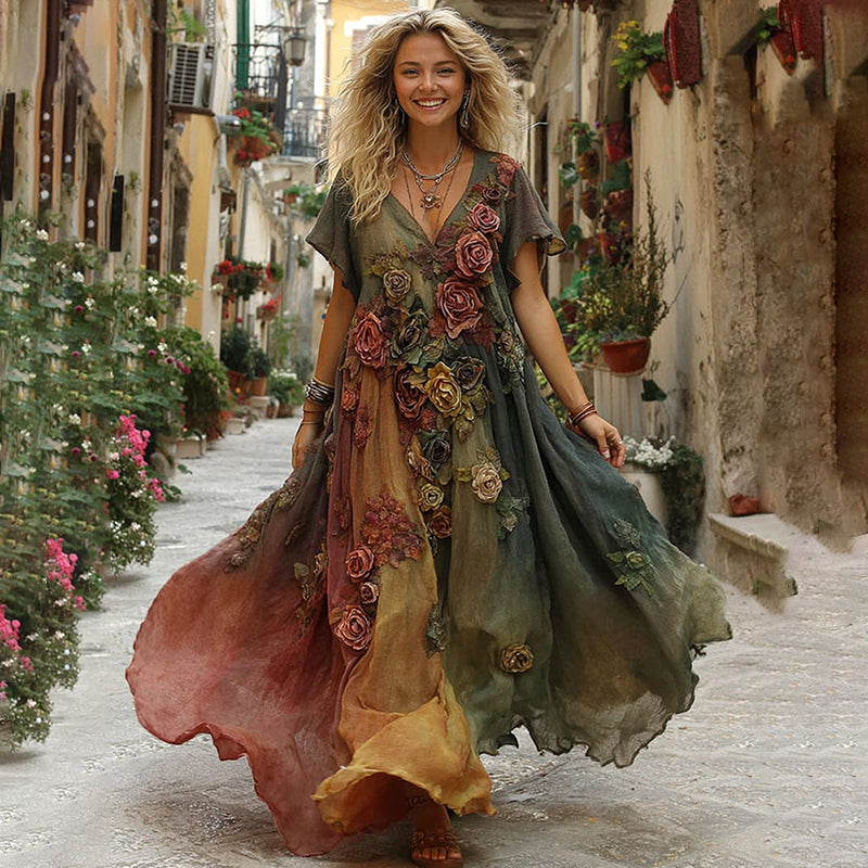 The Sunset Collection Vintage Rose And Floral Gradient Art Linen V Neck Maxi Dress artswardrobe