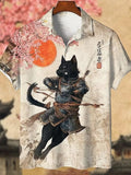 Men's Black Cat Tribal Warrior Japanese Kyudo Print Short Sleeve Shirt elevenforest